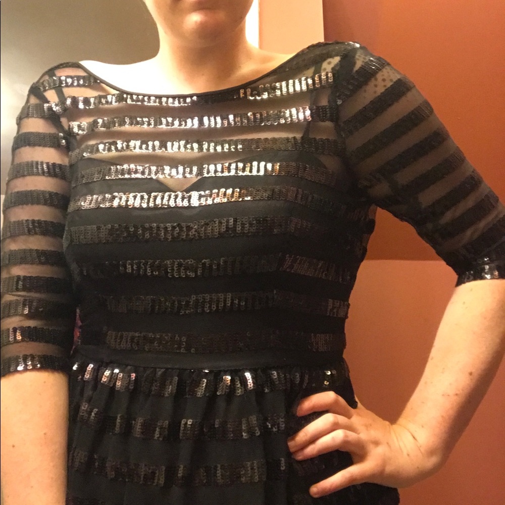 Black Sequin Striped Knee Length Dress